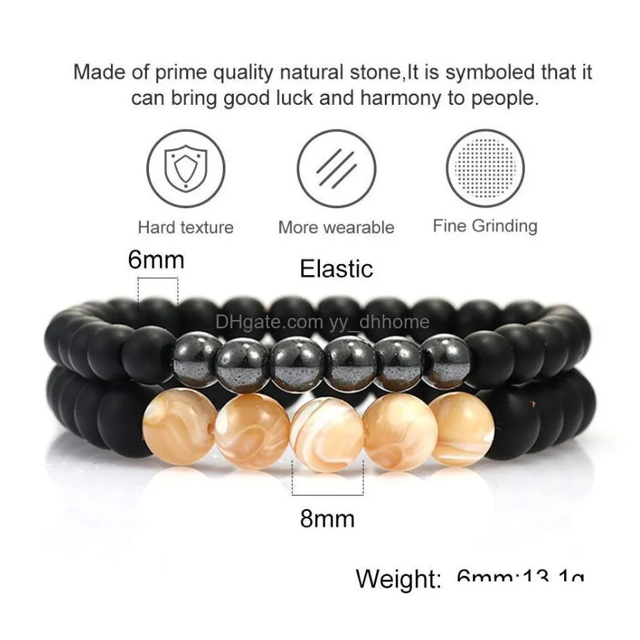 2pcs/set 6mm 8mm handmade beaded bracelets natural stone hematite chakra yoga energy elastic bracelet for men charm elastic hand chain