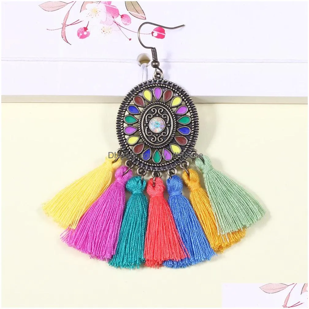 ethnic bohemian women colorful tassel earrings circle ring resin geometric gem rhinestone fringe dangle earring jewelry