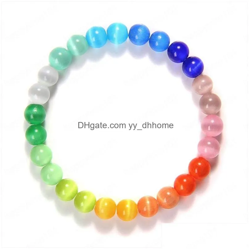 rainbow cats eye crystal glass stone beads charm reiki bracelet bangle women elastic bracelets jewelry wholesale