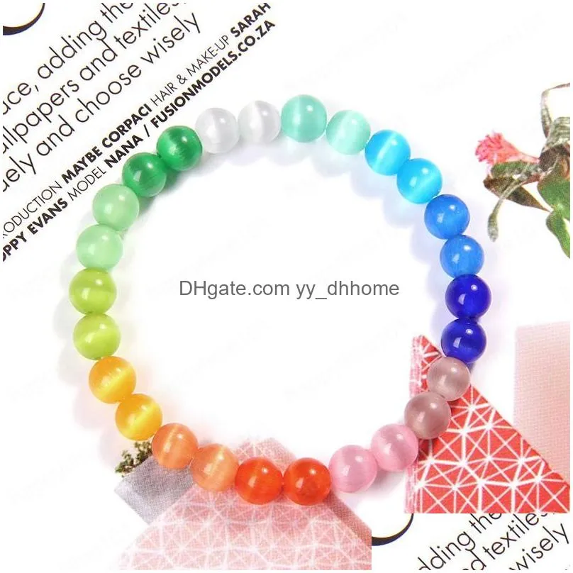 rainbow cats eye crystal glass stone beads charm reiki bracelet bangle women elastic bracelets jewelry wholesale