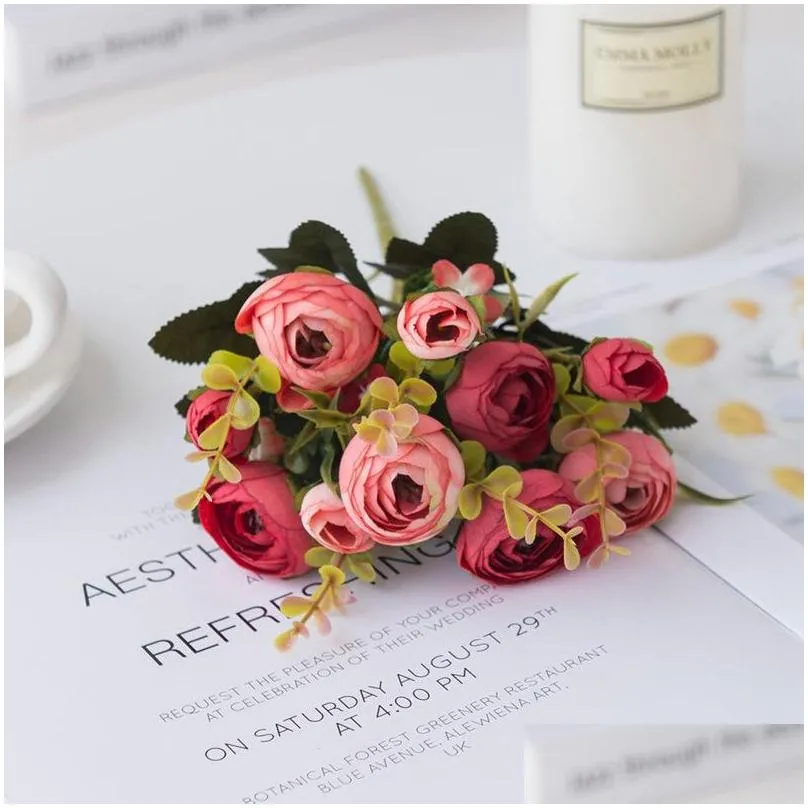 european vintage artificial silk tea rose flowers small bud bouquet wedding home retro fake flower party diy decoration 5767 q2