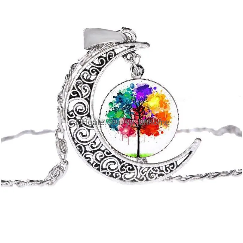 fashion life tree pendant necklace silver color moon necklace classic glass cabochon tree of life necklace