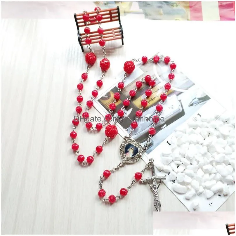 religious jewelry acrylic red rose rosary necklace for women wedding jewelry gifts
