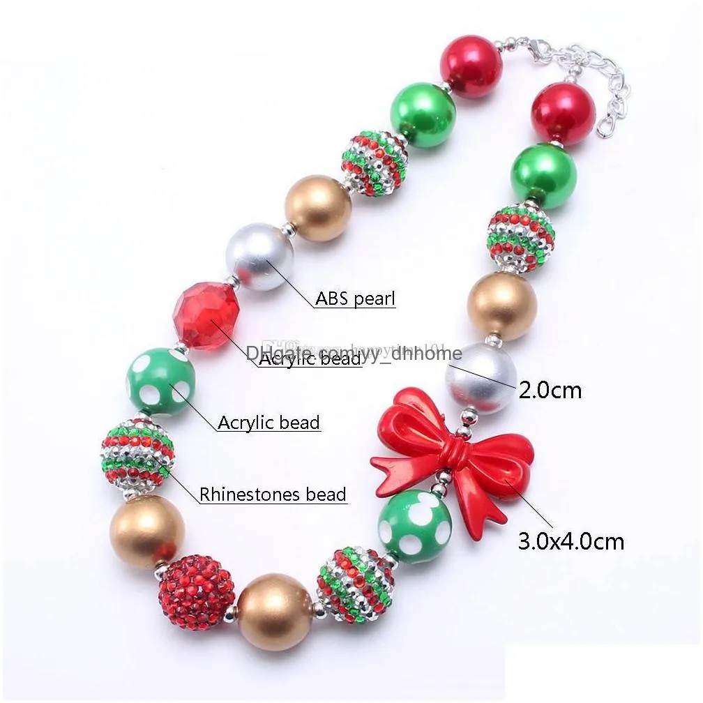  design christmas baby kid chunky necklace gift red bow bubblegume bead chunky necklace jewelry for baby kid girl