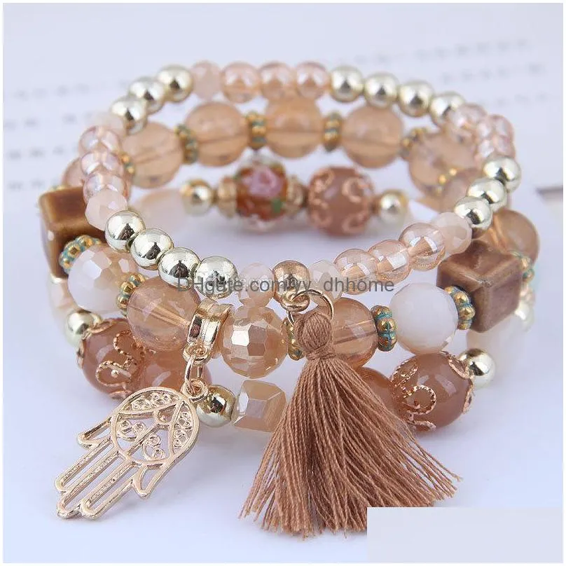bohemian beaded palm tassel bracelets pendant for women girls gift multilayer stretch stackable bracelet set multicolor jewelry