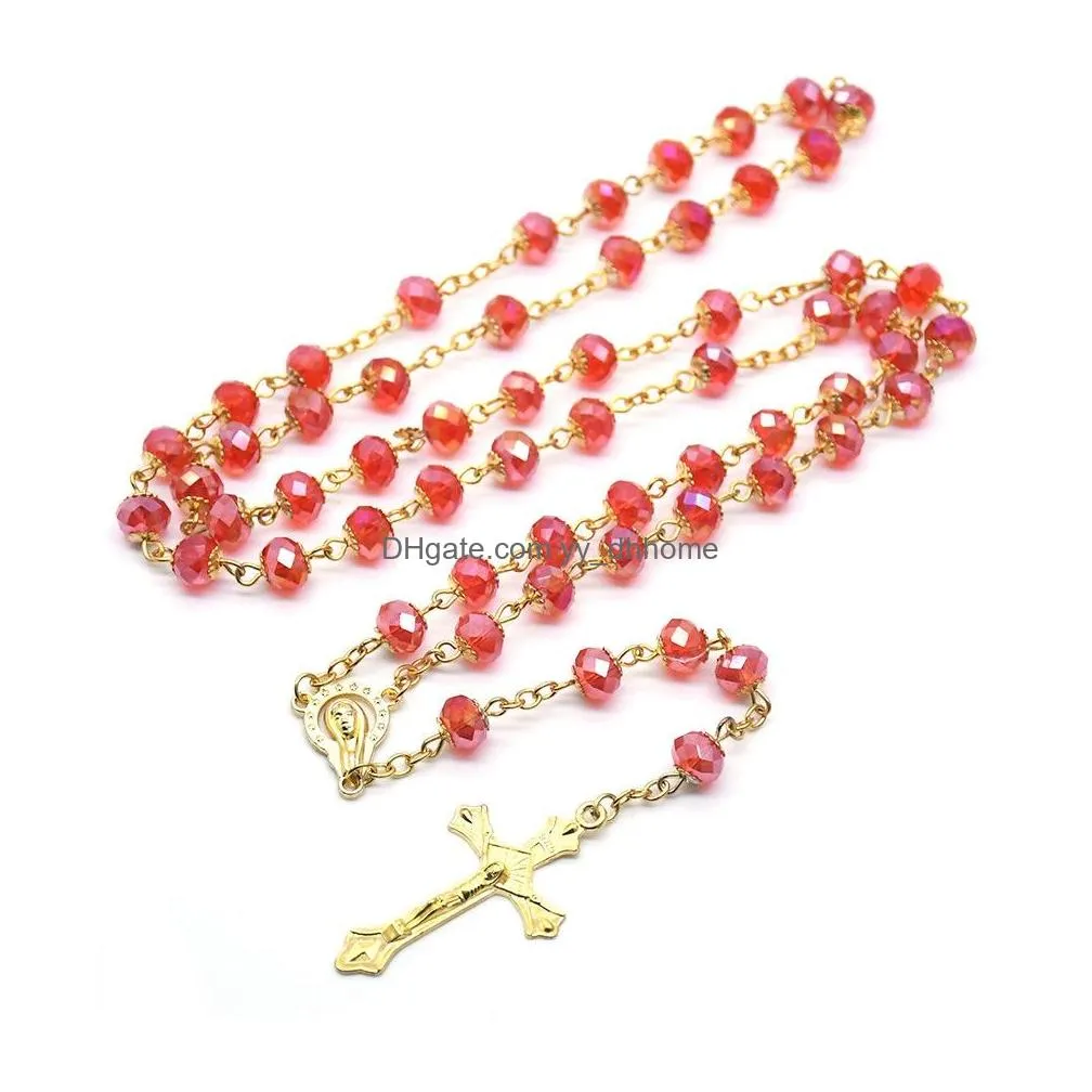 red crystal rosary necklace with cup gold jesus cross pendant religious jewelry for women gifts