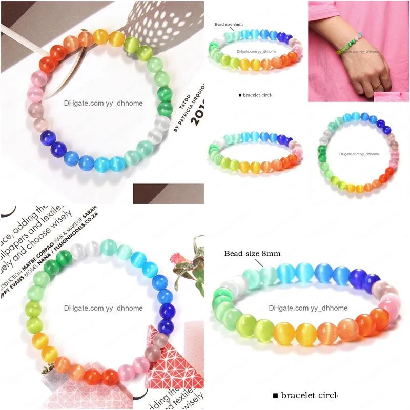 rainbow cats eye crystal glass stone beads charm reiki bracelet bangle women elastic bracelets jewelry wholesale