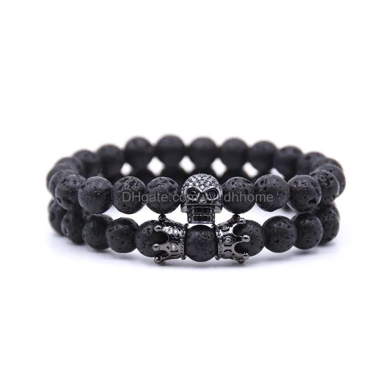 lava stone pave zircon cz ball imperial crown skull charm bracelet men women bracelet jewelry pulseira jewelry