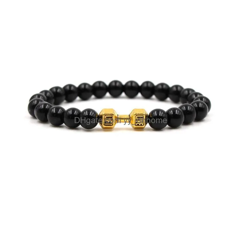 18 styles buddha 8mm birght black stone beads bracelet vintage silver gold  leopard dumbbell skull charms stretch jewelry