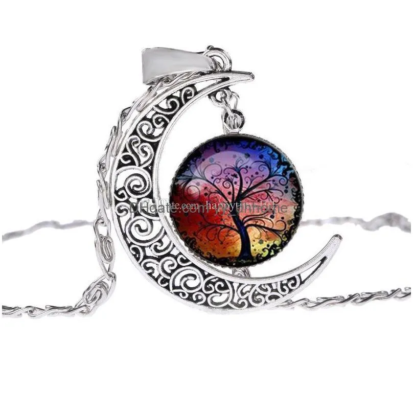 fashion life tree pendant necklace silver color moon necklace classic glass cabochon tree of life necklace