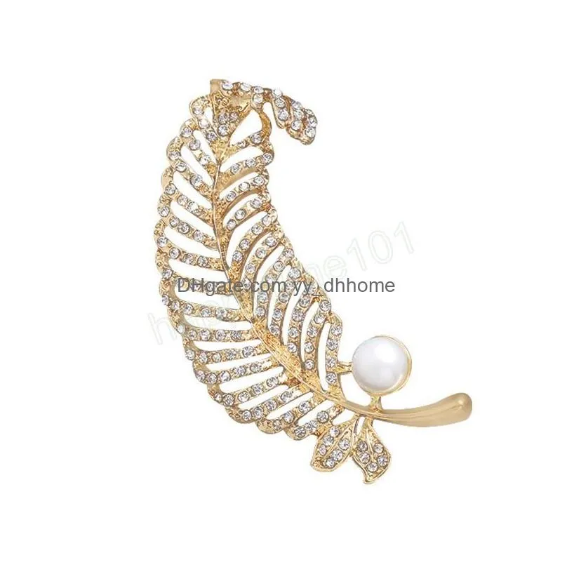 elegant pearl feather brooch for women coat sweater clothing accessories corsage female luxury jewelry leaf brooch pins