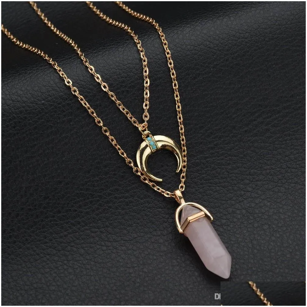  luxury womens gold plated double chain colorful natural stone pendant necklace