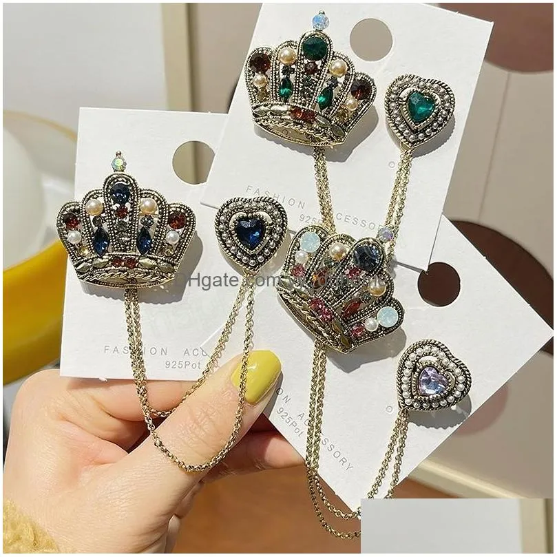 retro pearl rhinestone crown brooch fashion heartshaped tassel chain lapel pins and brooches for women jewelry accessories