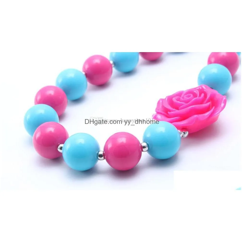  rose flower kid chunky necklace pinkaddblue color bubblegum bead chunky necklace children jewelry for toddler girls
