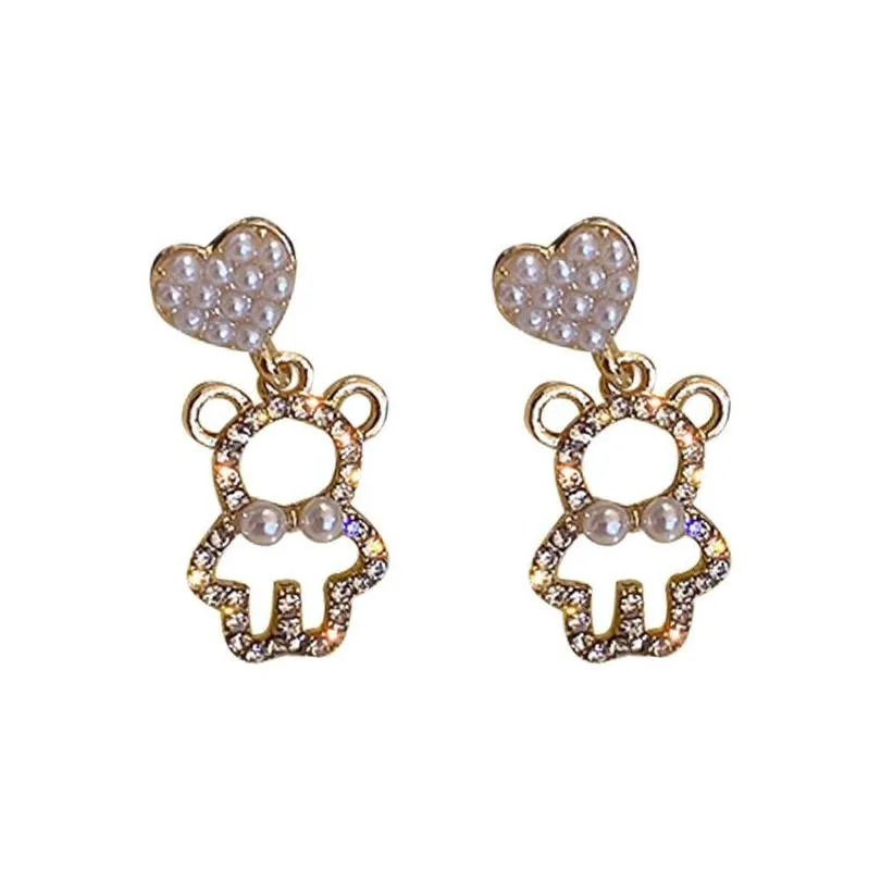 pearl rhinestone bear love dangle earrings female exquisite small earring korea simple cute female party beautiful jewelry 287 d3
