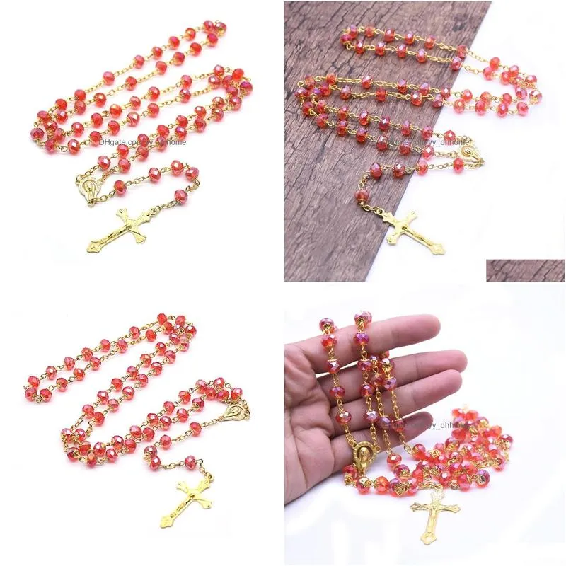 red crystal rosary necklace with cup gold jesus cross pendant religious jewelry for women gifts