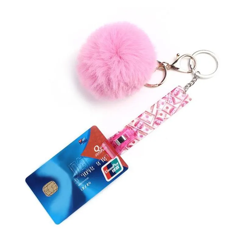 lovely acrylic card grabber keychain women atm bank contactless tools key ring pompon for long nail 6qy q2