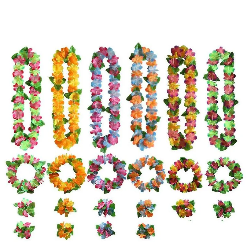 hawaiian artificial flowers garland necklaces flower diy fancy dress accessories headband bracelet 4pcs/set party decoration 2334 t2