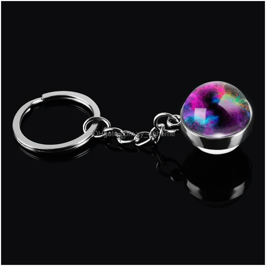 rainbow starry nebula glass ball keychain handmade double side glass ball pendant keyring solar system galaxy astronomy jewelry