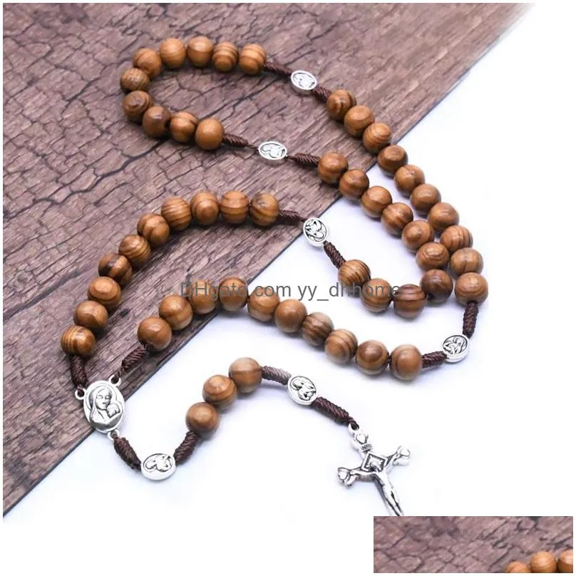 religious jewelry handwoven borwn wooden beads rosary neckalce alloy virgin jesus cross necklace for men women