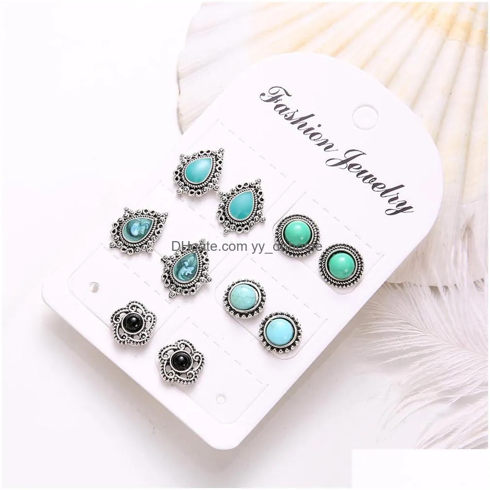 10 pcs/set women fashion vintage flowers geometric round gem stud earrings set personality party wedding bohemian jewelry