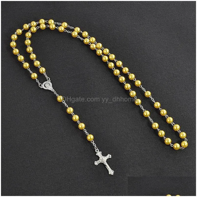 luxury faux pearl long necklaces multicolor fake pearl beads chain christian cross pendant necklace for women ladies fashion jewelry