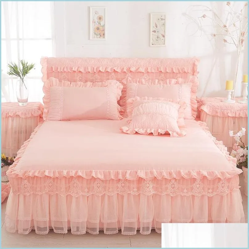 princess lace bedspread bed skirt 3pcs set bedding bed sheet cotton pillowcase king size 358 r2