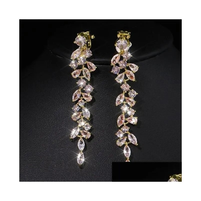 fashion cubic zirconia crystal long drop leaf earrings for elegant women cz bridal wedding jewelry accessories 1205 e3