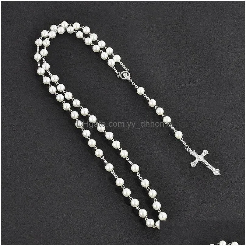 luxury faux pearl long necklaces multicolor fake pearl beads chain christian cross pendant necklace for women ladies fashion jewelry