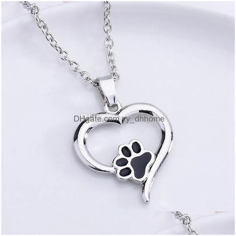 hollow pet paw print necklaces cute animal dog cat memorial jewelry pet lover puppy paw heart charm black enamel necklace girls