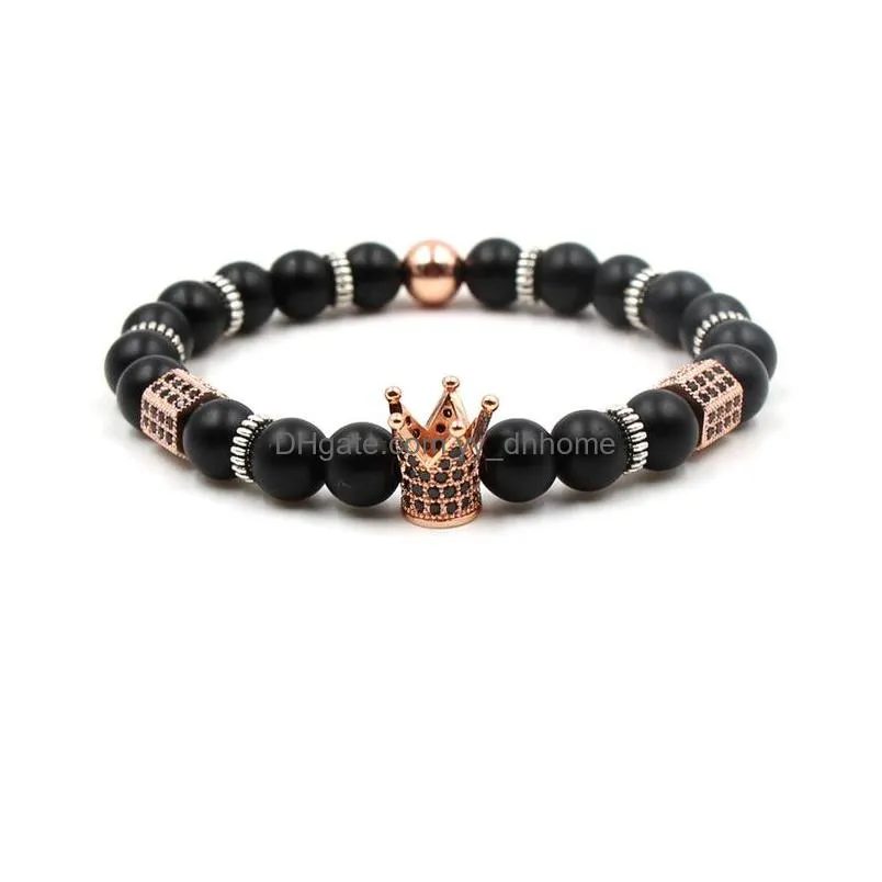 men and women jewelry micro pave cz zirconia king crown charm bracelet black lava natural stone bead bracelets christmas gifts