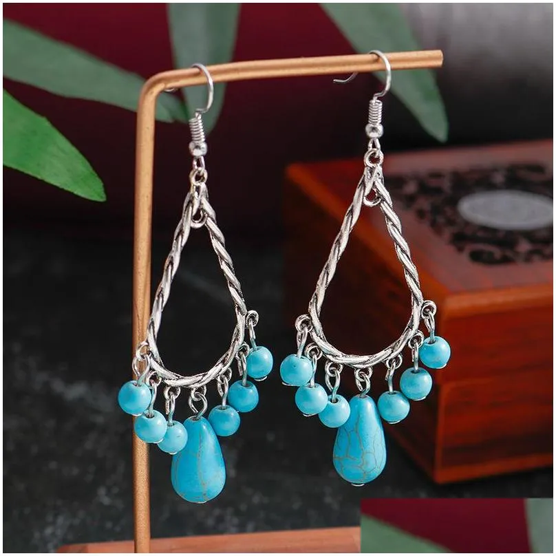 1 color fashion bohemia tibet silver water drop turquoise dangle earrings jewelry design c3