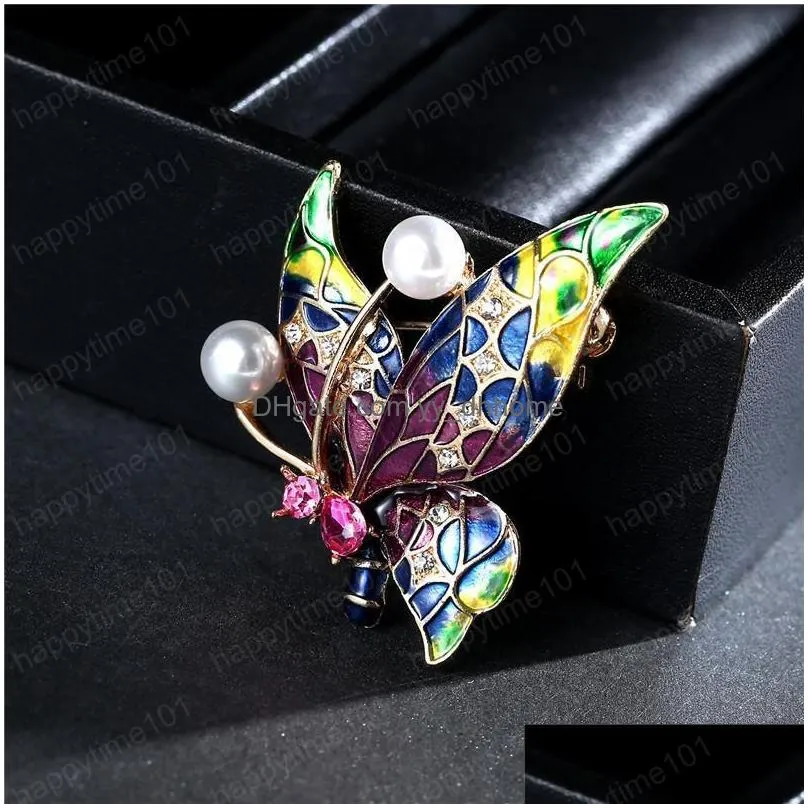 vintage enamel fashion painted insect butterfly brooches pearl cardigan shawl buckle dress brooch lapel pin for women girls