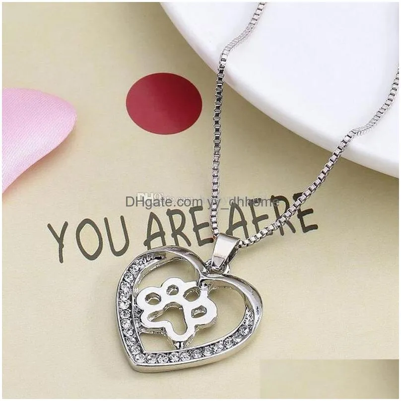 hollow pet paw print necklaces cute animal dog cat memorial jewelry pet lover puppy paw heart charm black enamel necklace girls