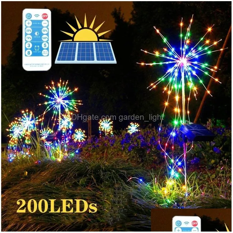 200 led solar fireworks light strings outdoor dandelion ip65 waterproof flash string 8 modes remote control garden lawn landscape christmas