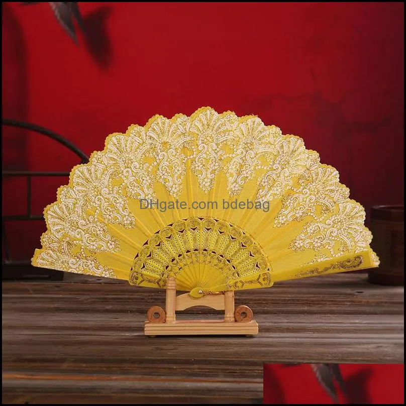 luxury fashion folding fan flower lace silk wedding dance party stage performance decoration stamping hand held fan 20220222 q2