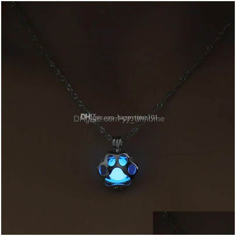 glow in the dark necklace silver pearl cage pendant necklaces for woman animal dog paw hollow pendant night luminous necklaces