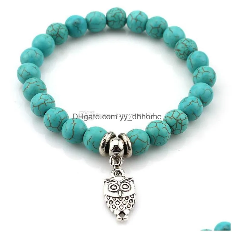 natural stone turquoise beads bracelets owl elephant tree of life cross palm charm buddha bracelet bangle cuffs for women