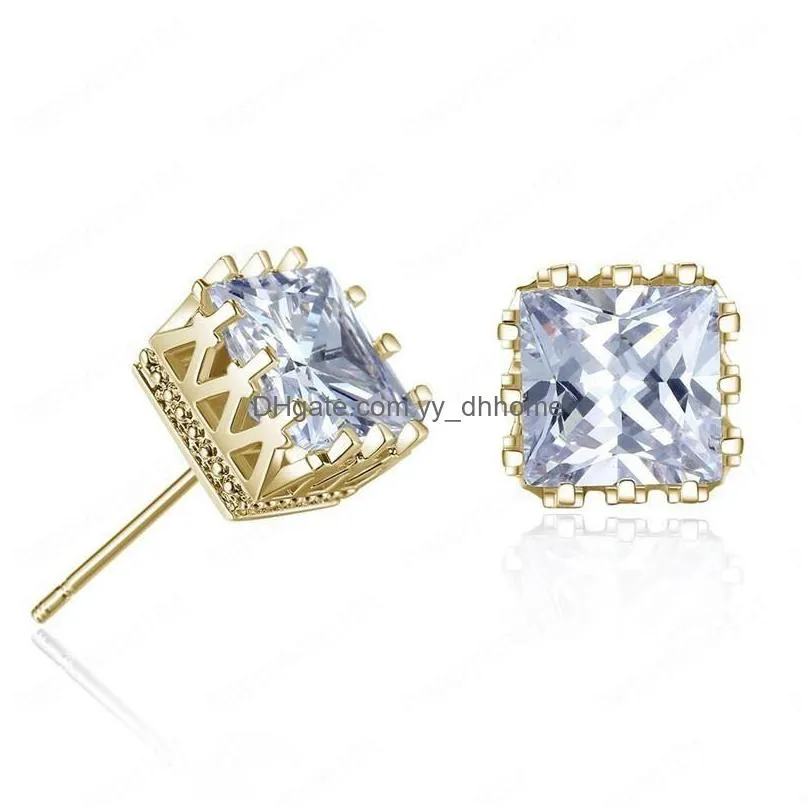 wholesale gold plated square zircon crown stud earrings fashion party jewelry engagement gift for women mixed colors