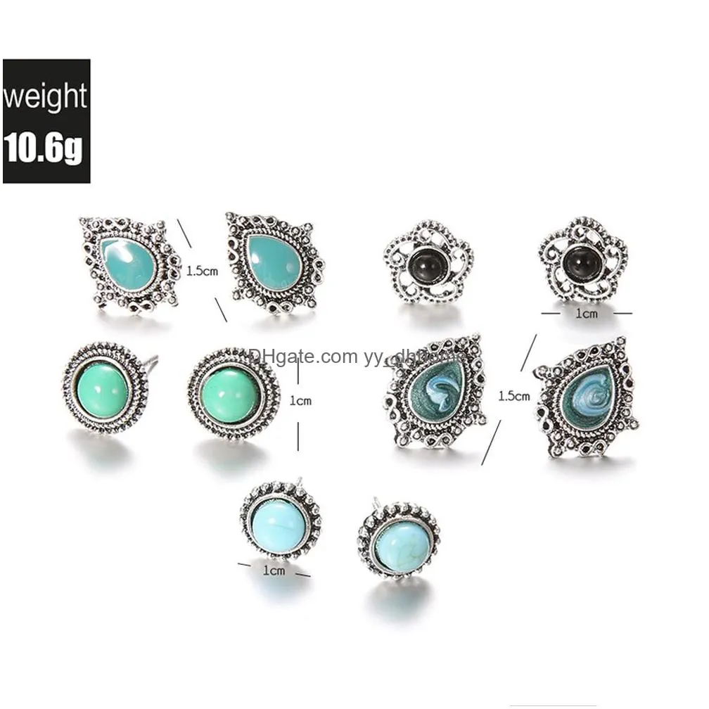 10 pcs/set women fashion vintage flowers geometric round gem stud earrings set personality party wedding bohemian jewelry