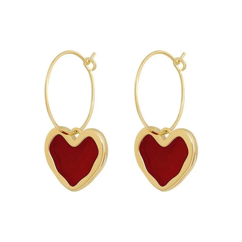 sweet burgundy enamel heart earrings for women girl gold color metal love heart hanging dangle earrings vintage jewelry 5602 q2