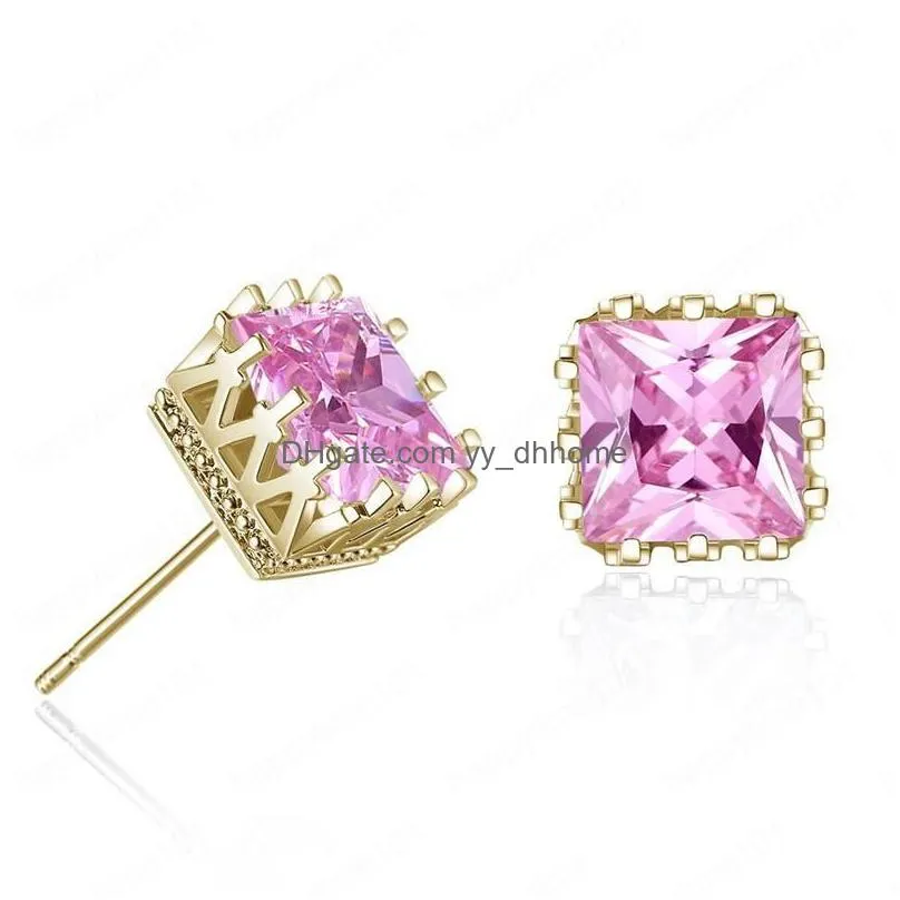 wholesale gold plated square zircon crown stud earrings fashion party jewelry engagement gift for women mixed colors