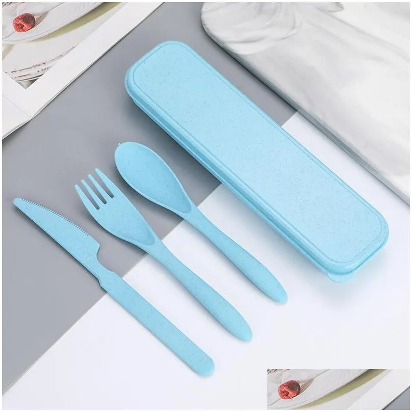  multicolor wheat straw portable cutlery knife fork spoon three piece travel anti falling cutlery activity gift set 1402 t2