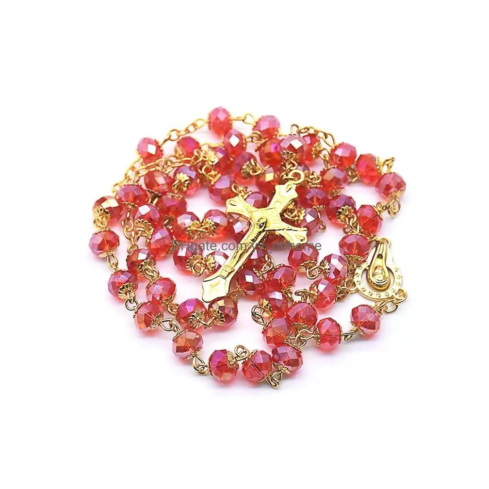 red crystal rosary necklace with cup gold jesus cross pendant religious jewelry for women gifts