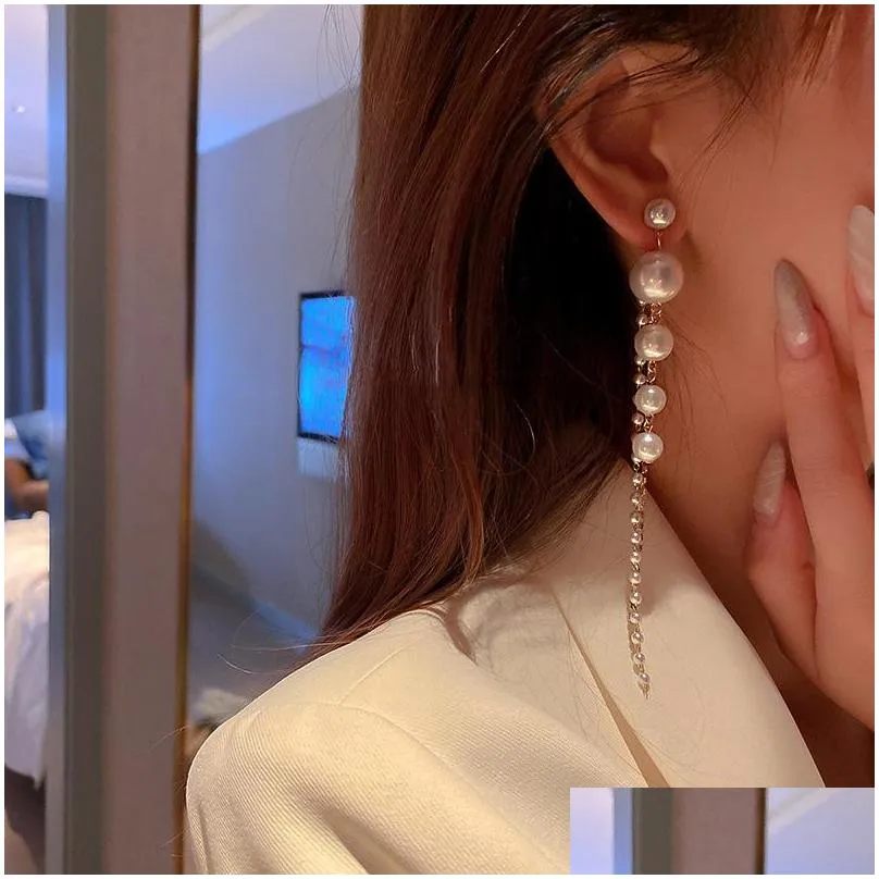 trendy simulated pearl long tassel dangle earrings for women fashion crystal water drop jewelry gifts 320 d3