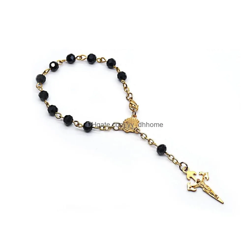 metal gold cross shell crystal beads rosary bracelet for men women religious jewelry