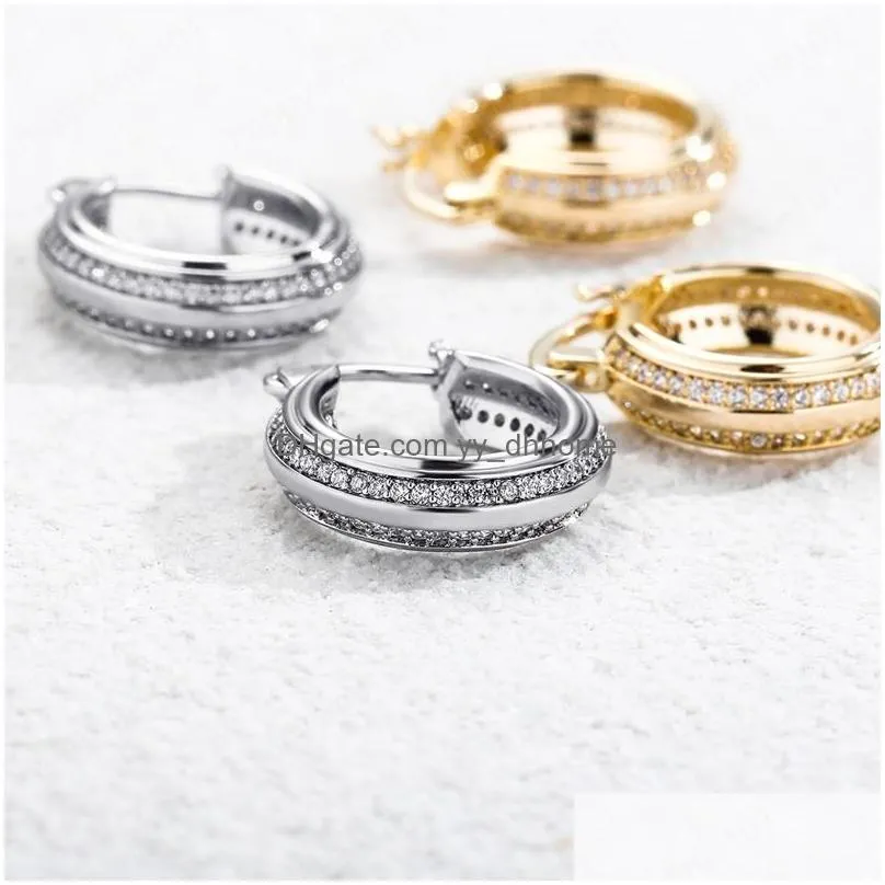 hoop earrings in yellow gold 18mm stud earring for girls single row cubic zirconia hip hop jewelry accessories