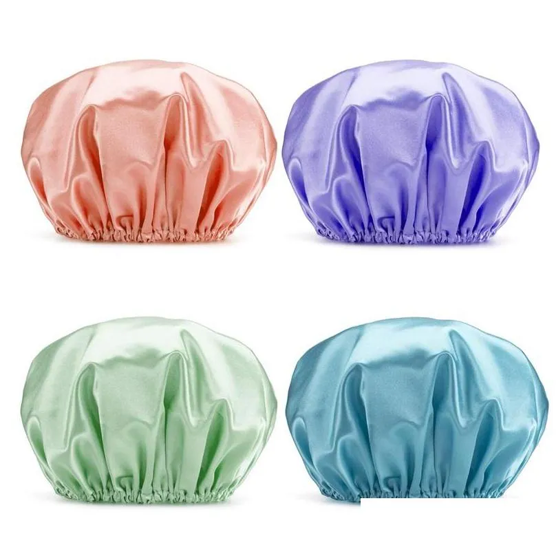 thick shower satin hats bath shower caps hair cover double waterproof pure color kitchen shower caps 5700 q2