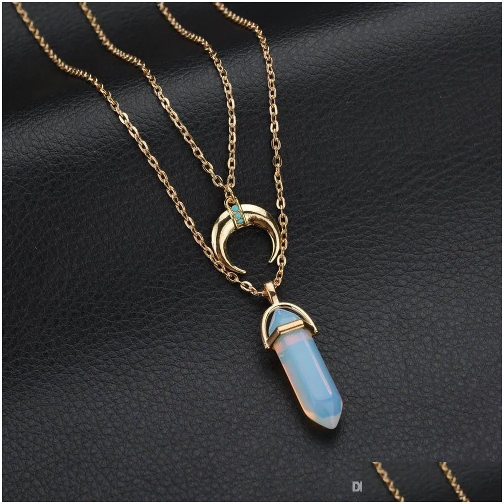  luxury womens gold plated double chain colorful natural stone pendant necklace