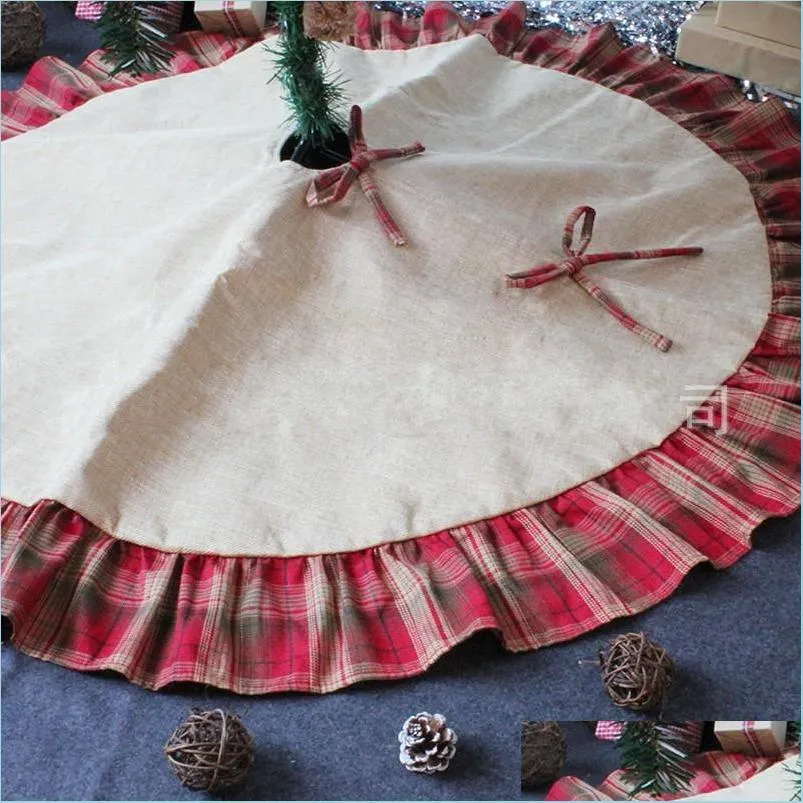 red lattices linen home mat bowknotwork christmas tree skirts ornament pad decoration festival party supplies 26 5zt hh